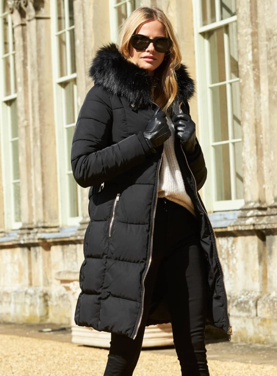 Sosandar Women's Black Quilted Luxe Longline Coat - Size 8 Winter Jacket