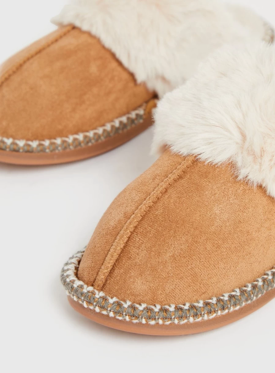 "TU Women's Tan Contrast Stitch Mule Slippers – Comfortable Slide-On House Shoes"