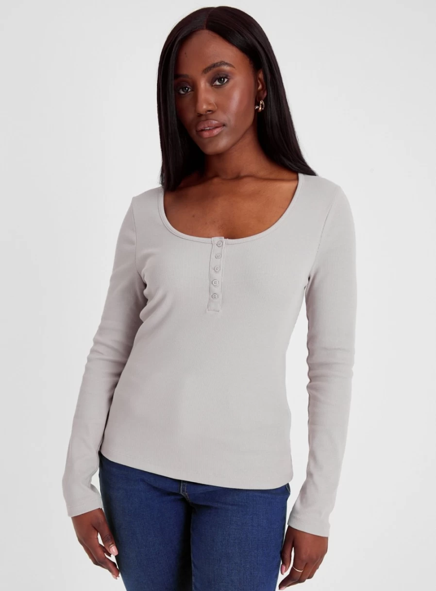 "Tu Women's Grey Long Sleeve Henley Top - Soft Casual Shirt for Everyday Wear"