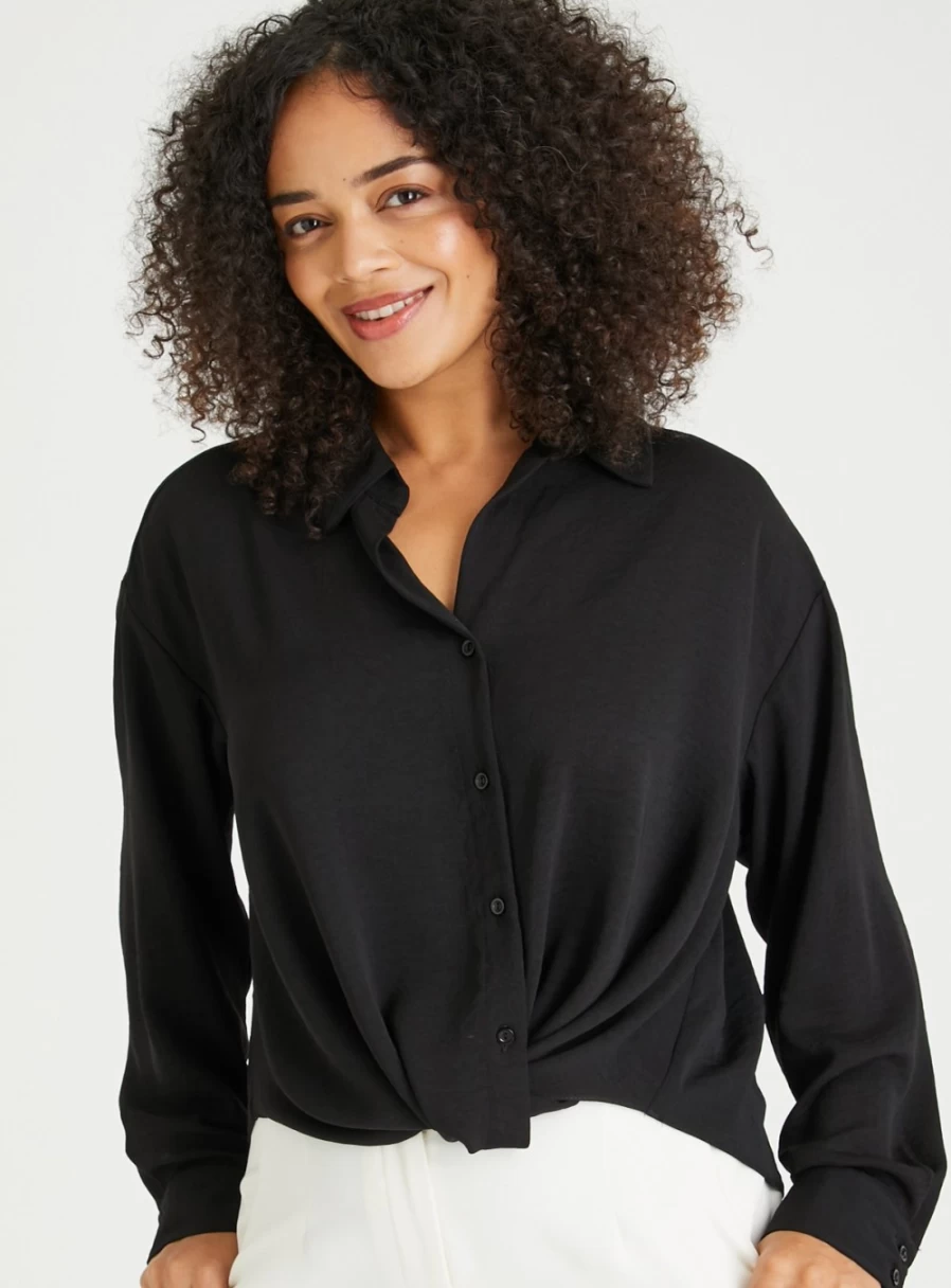 Tu Women's Black Tie Knot Boxy Shirt - Elegant Formal Top for Women