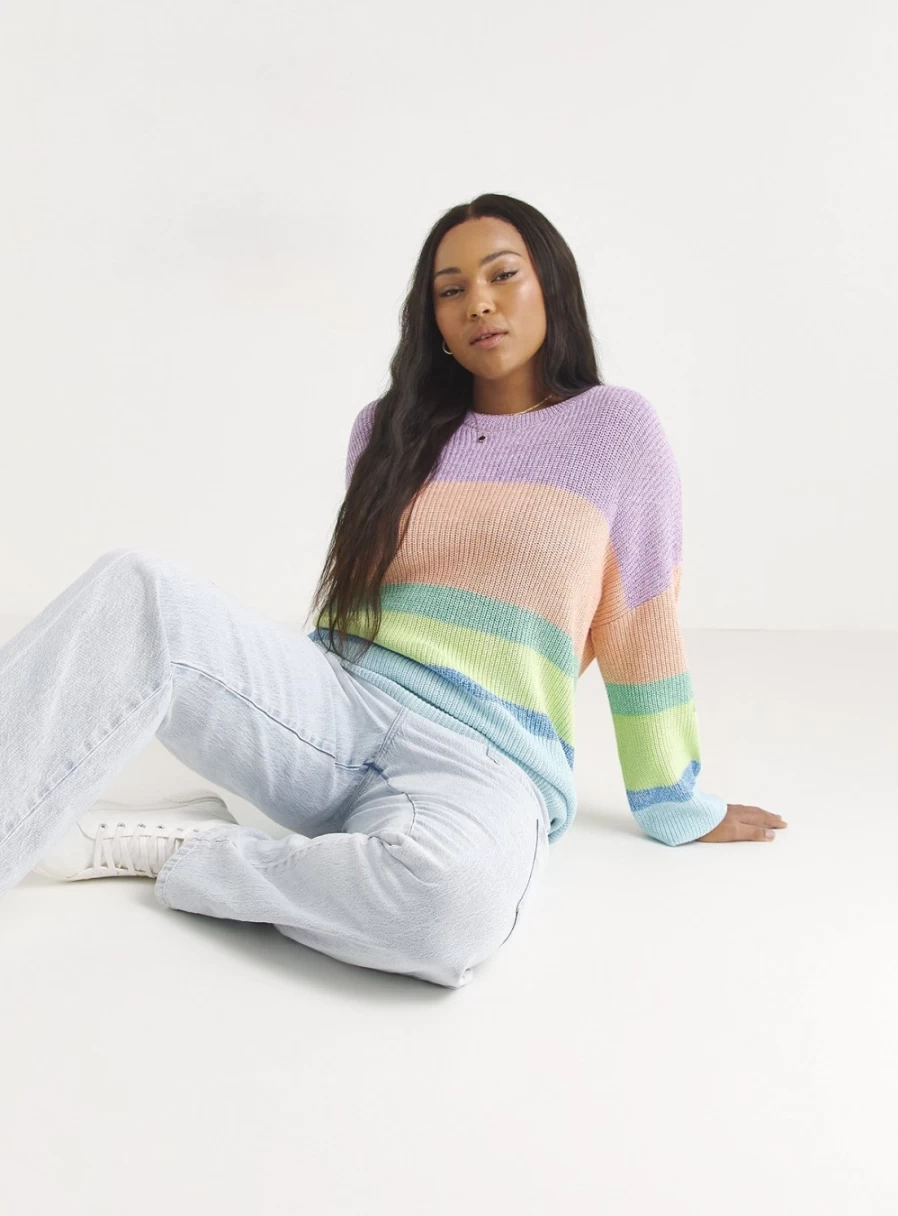 Simply Be Women's Multi-Stripe Knit Jumper - Cozy Twisted Yarn Sweater in Sizes 28-30