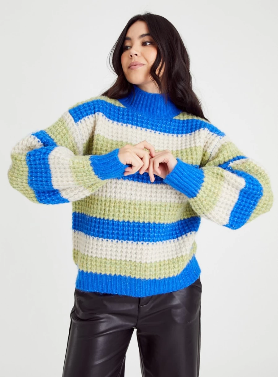 Women's Block Stripe Waffle Knit Funnel Neck Jumper - Tu Cozy Winter Sweater