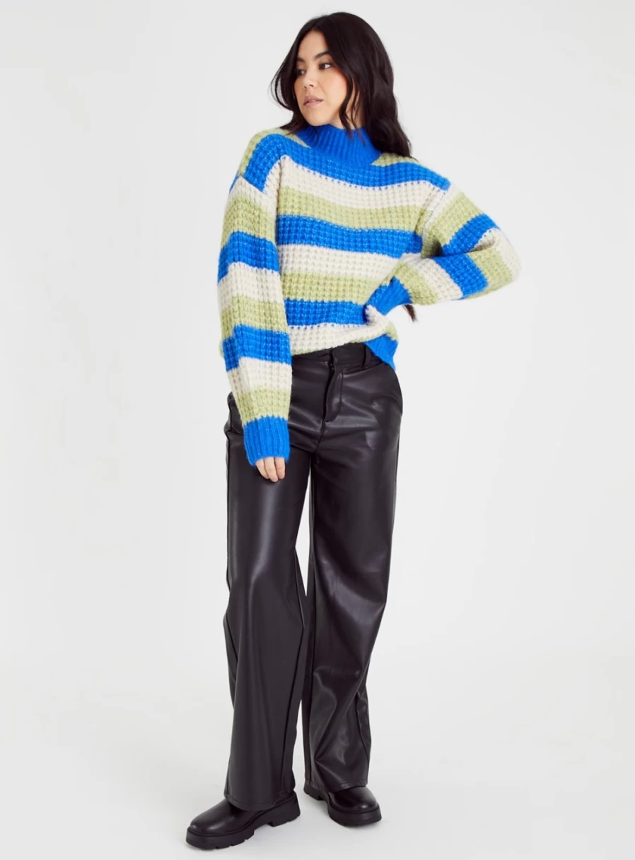Women's Block Stripe Waffle Knit Funnel Neck Jumper - Tu Cozy Winter Sweater
