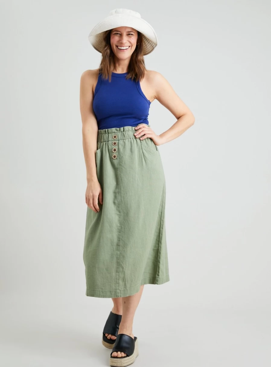 Tu Women's Khaki Linen-Blend Midi Skirt - Size 14 Casual Summer A-Line Skirt