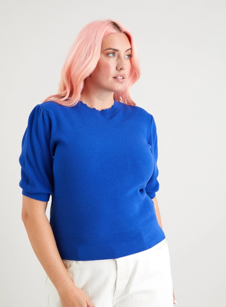 "Tu Women's Blue Scalloped Textured Knit Top - Stylish Casual Blouse"
