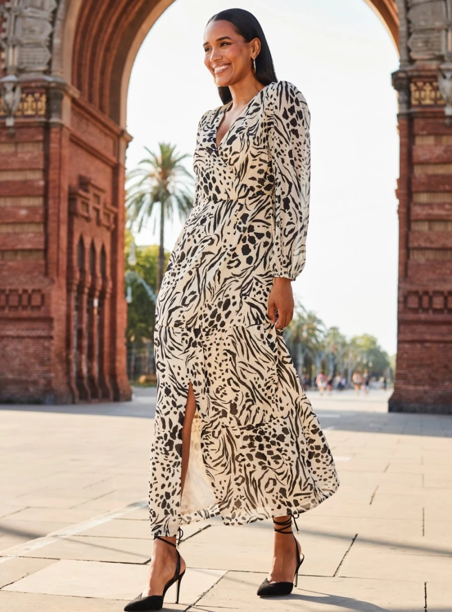 Sosandar Women's Neutral Leopard Print Georgette Maxi Dress - Size 14