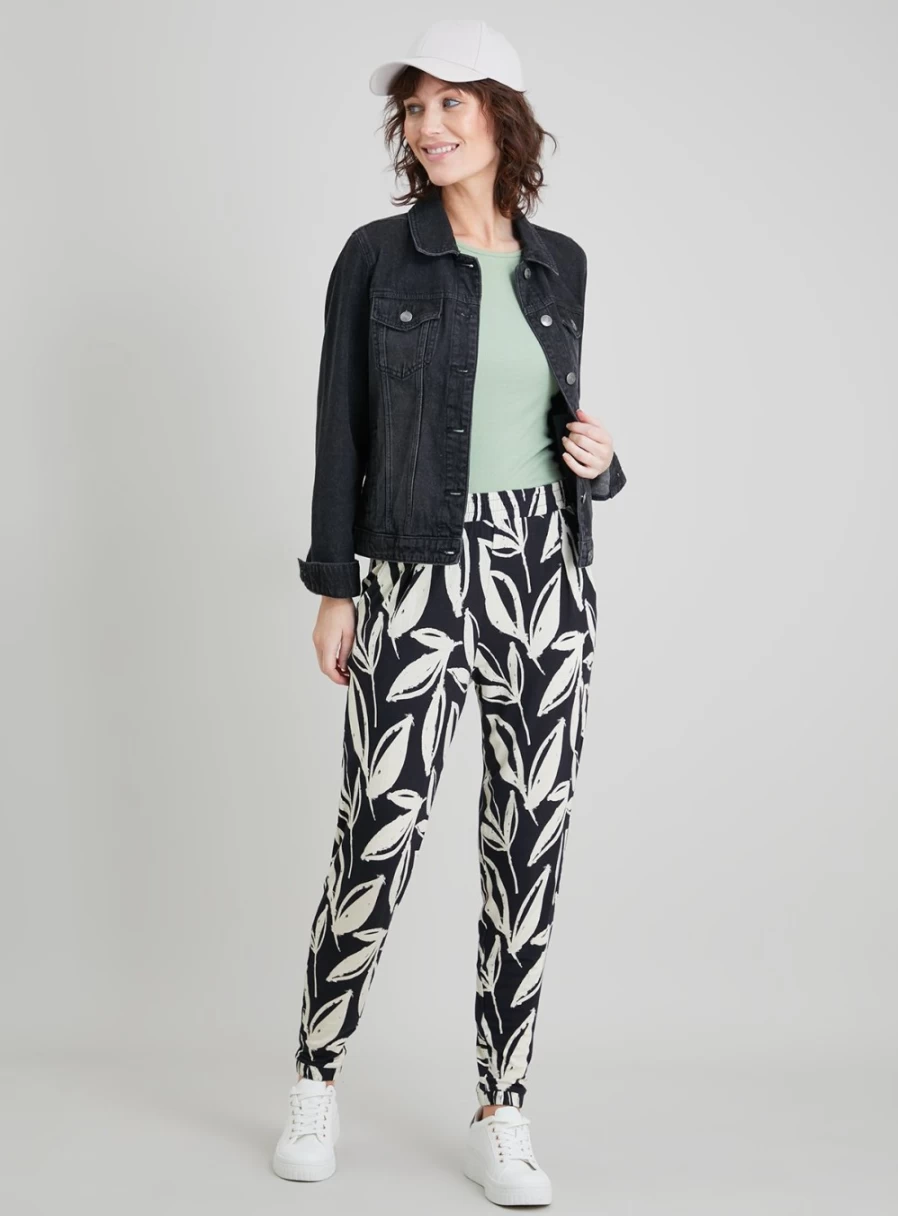 Tu Women's Mono Leaf Print Drapey Trousers - Stylish High-Waist Wide-Leg Pants for Casual Wear