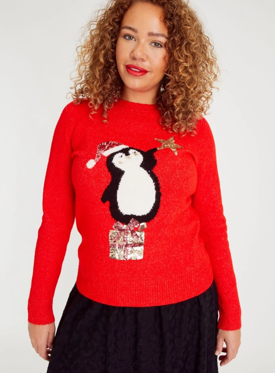Tu Women's Christmas Red Penguin Sequin Sweater - Festive Holiday Pullover Size 12