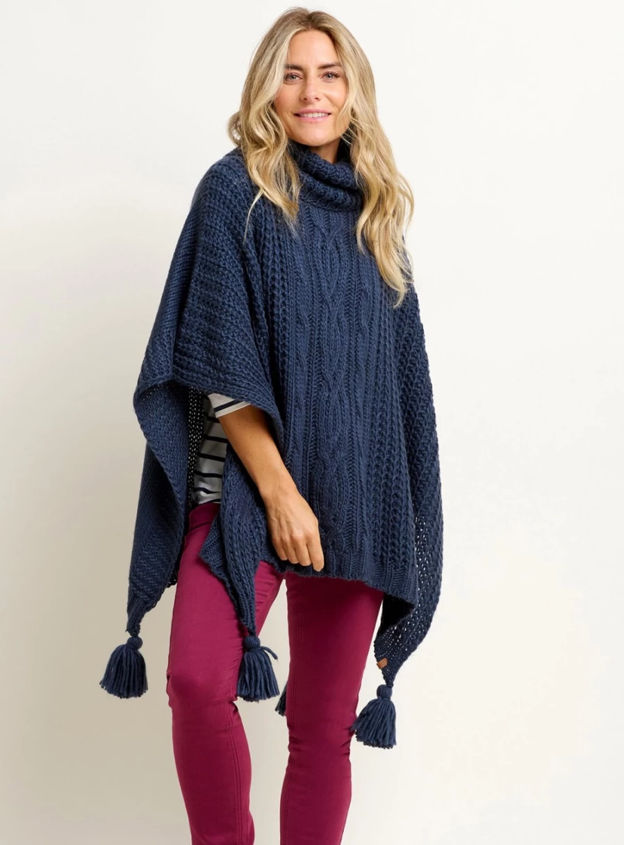 Brakburn Women's Navy Blue Knitted Poncho - One Size Cozy Oversized Wrap Cape