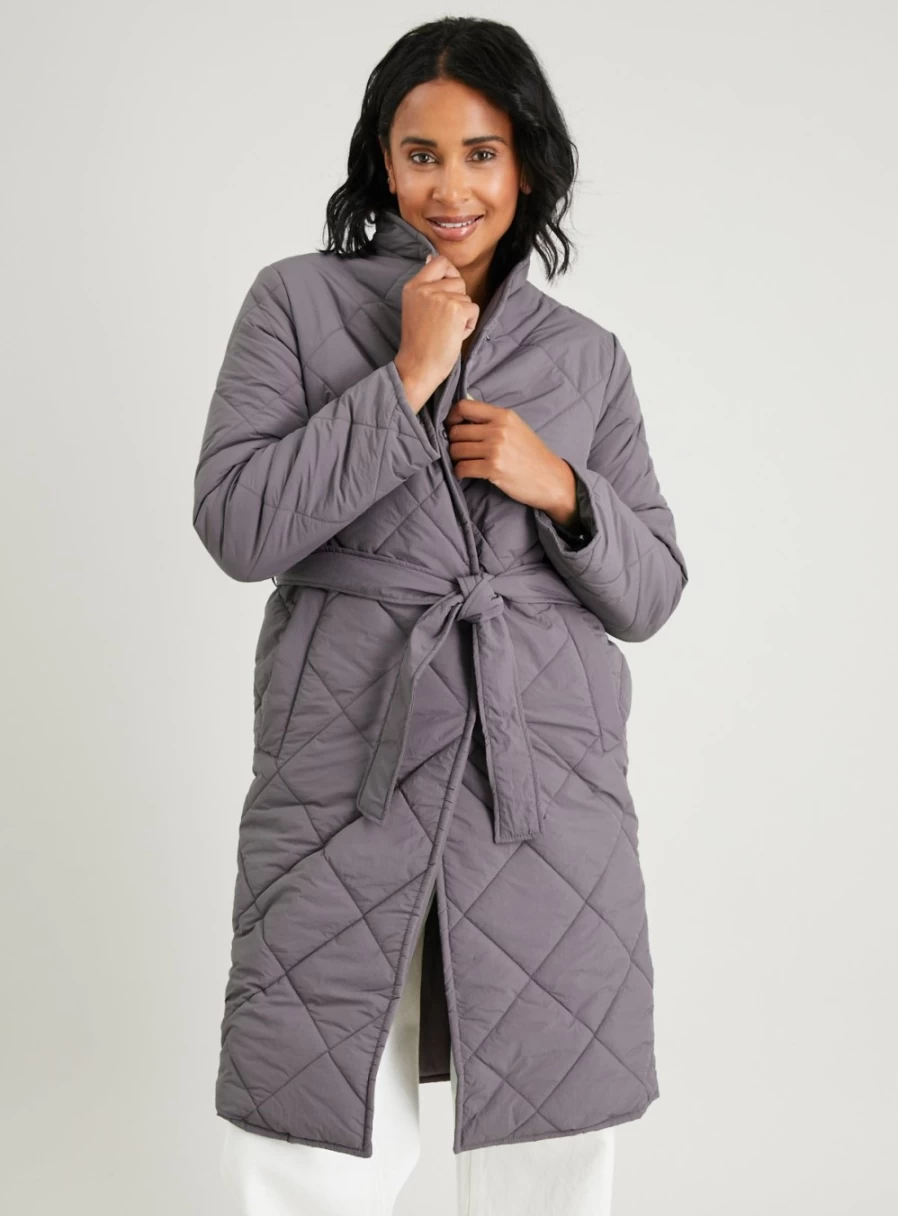Tu Women's Grey Diamond Quilted Belted Coat Size 14 Winter Fashion Outerwear