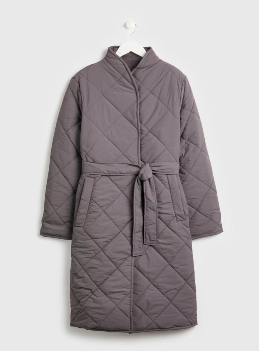 Tu Women's Grey Diamond Quilted Belted Coat Size 14 Winter Fashion Outerwear