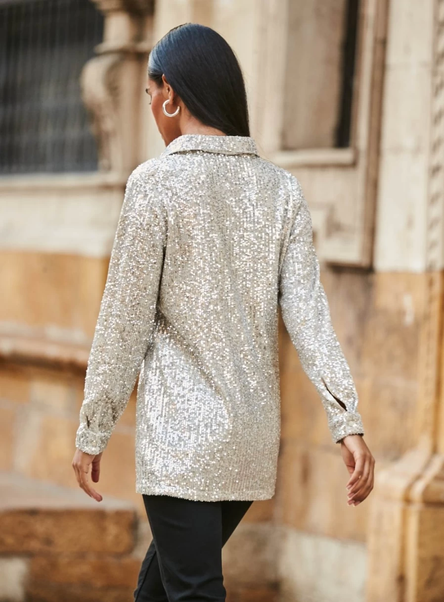 Sosandar Women's Champagne Sequin Shirt - Glittery Party Top Size 12