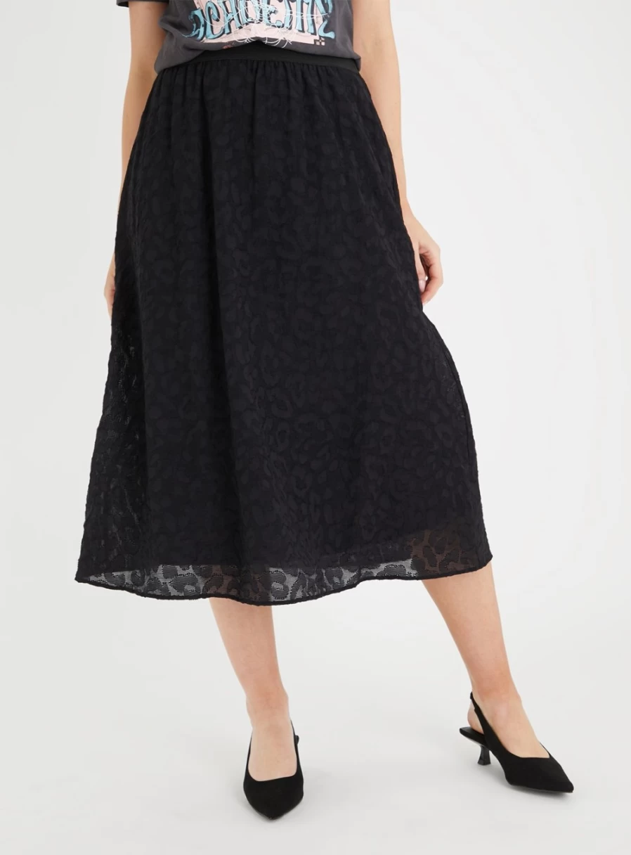 Tu Women's Black Jacquard Flowy Skirt - Elegant High Waist A-Line Skirt for Women