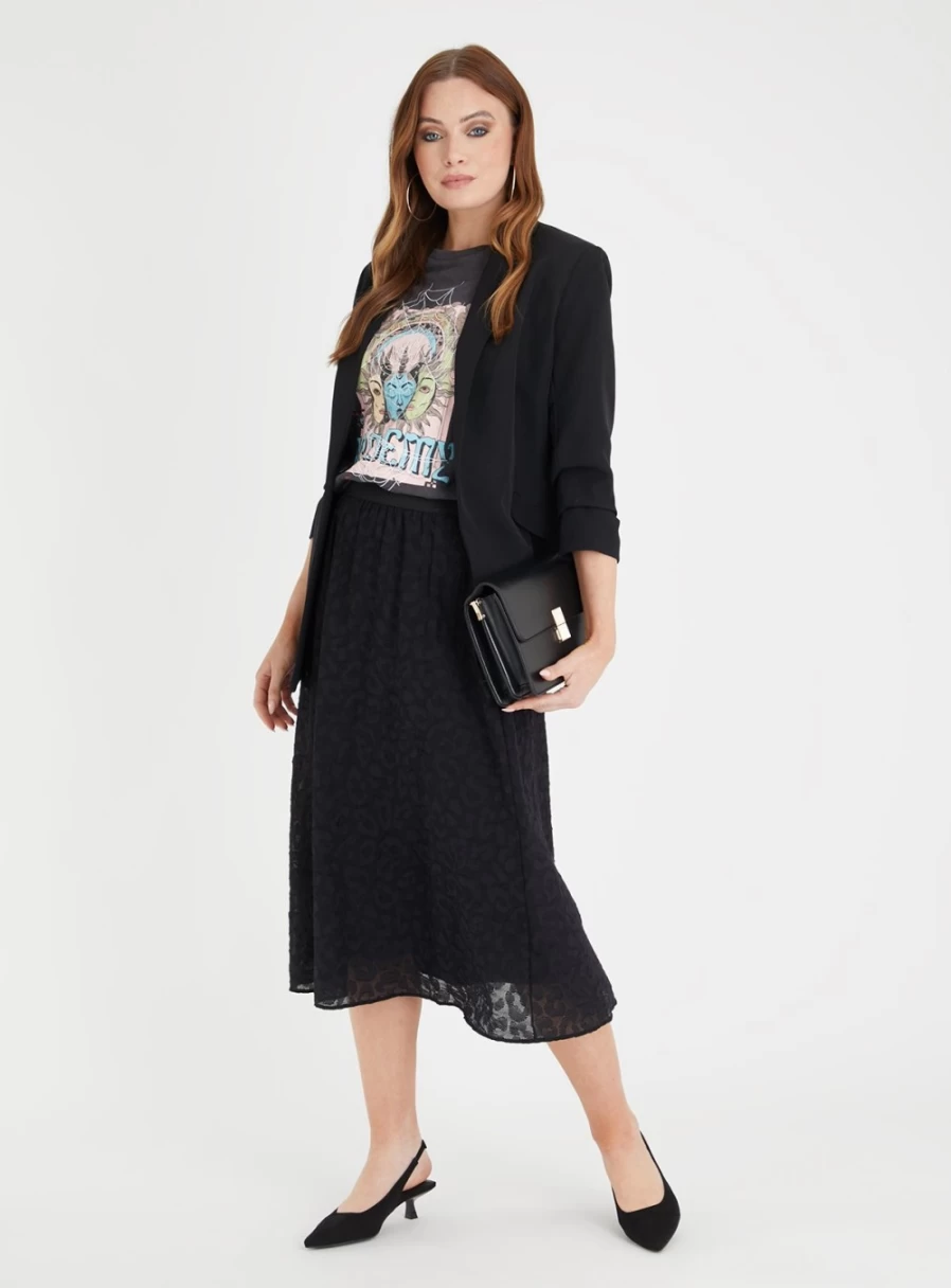 Tu Women's Black Jacquard Flowy Skirt - Elegant High Waist A-Line Skirt for Women
