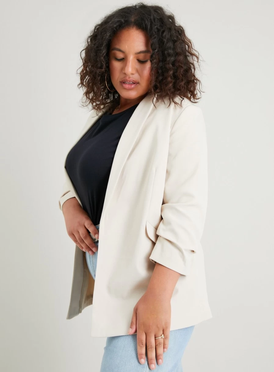 Tu Women's Cream Ruched Sleeve Blazer - Elegant Tailored Jacket for Office Wear
