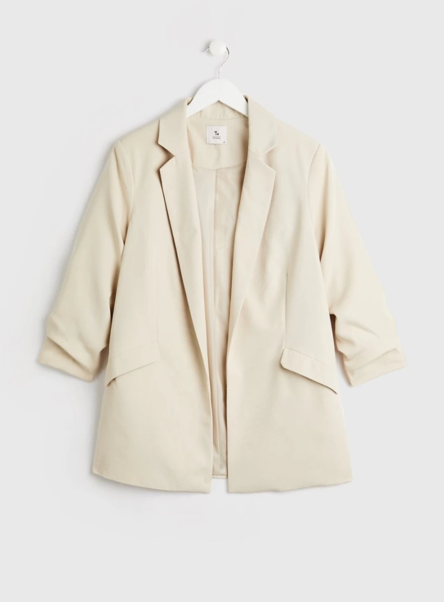 Tu Women's Cream Ruched Sleeve Blazer - Elegant Tailored Jacket for Office Wear