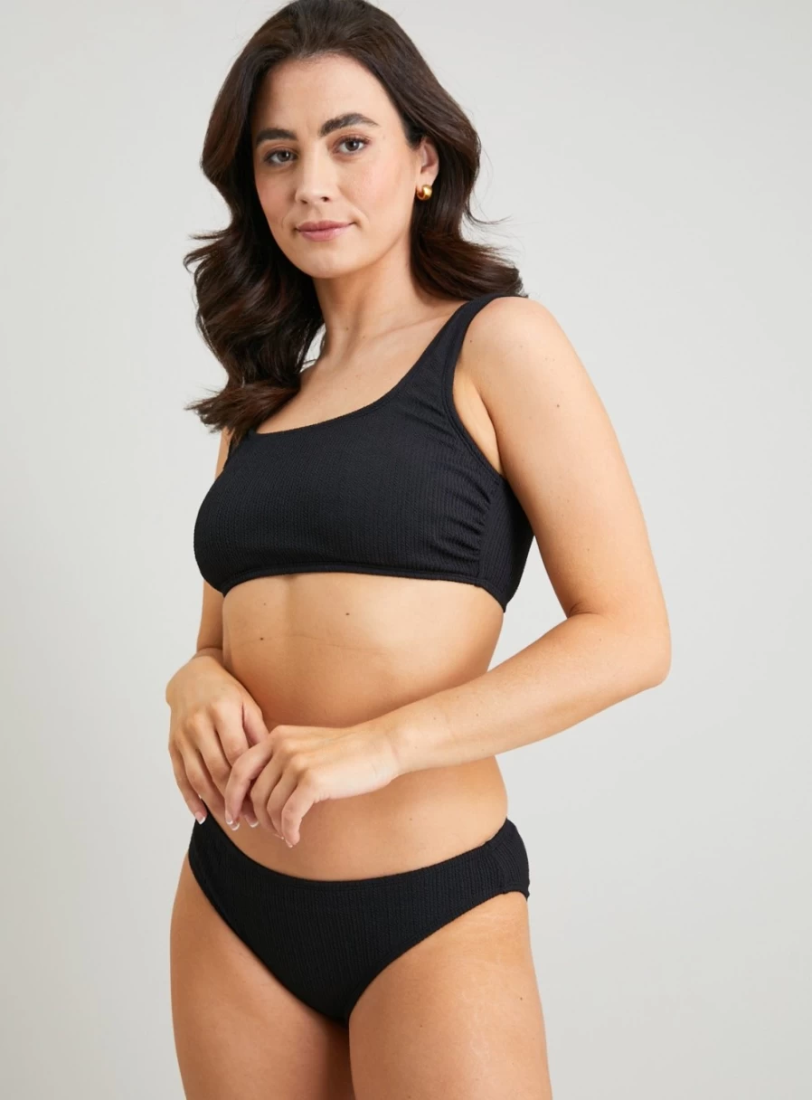 Tu Women's Black Textured Bandeau Bikini Top - Comfortable Swimwear for Summer Beach Vacation