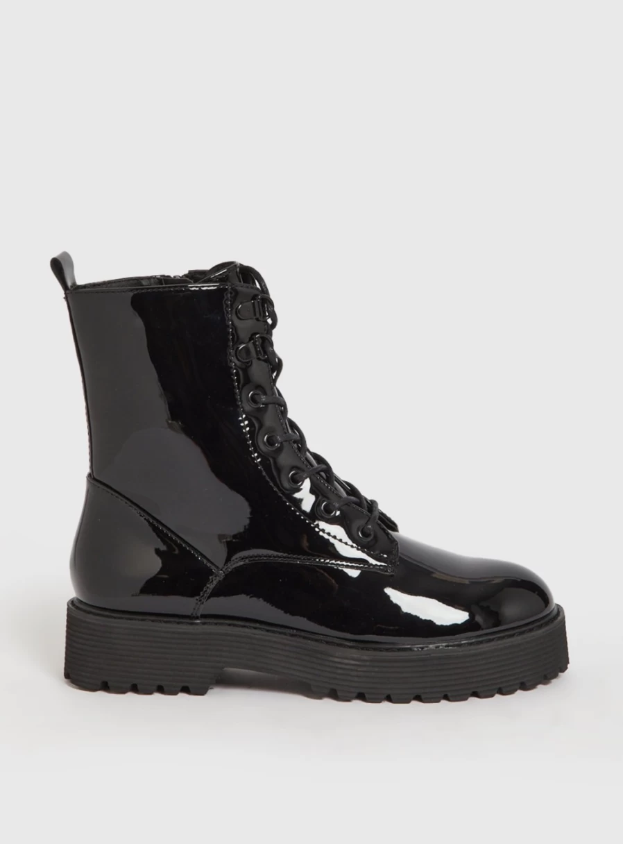 Tu Women's Black Faux Leather Patent Lace Up Ankle Boots Chunky Heel
