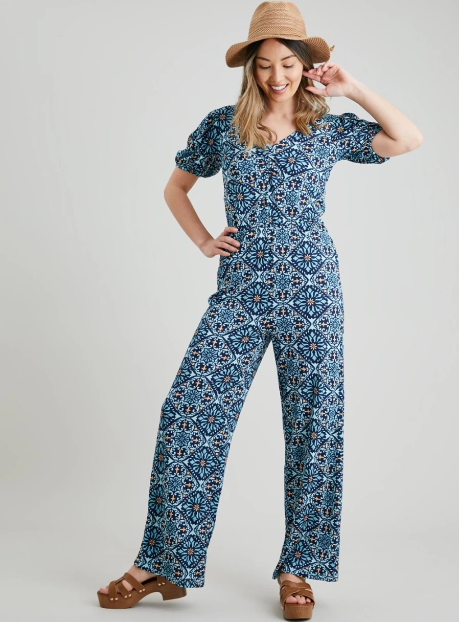 Tu Women's Blue Tile Print Crinkle Jumpsuit - Size 18 Casual Summer Romper