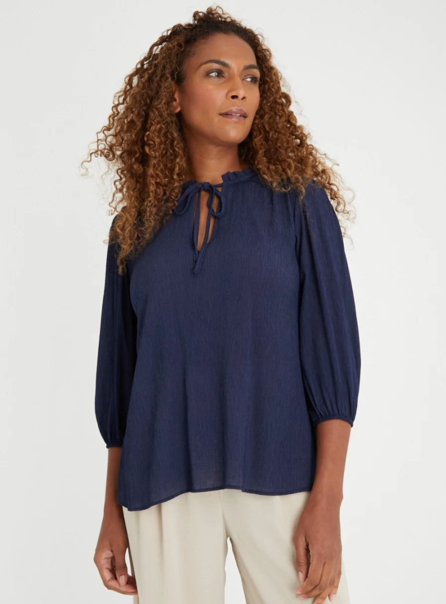 "Tu Women's Navy Crinkle Tie Neck Blouse - Stylish Casual Top 2024"