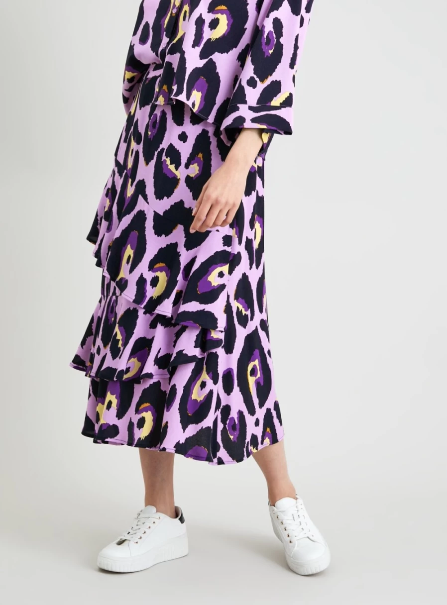 Tu Women's Lilac Leopard Print Ruffle Midi Skirt - Floral Animal Pattern High Waist A-Line Skirt for Spring Summer