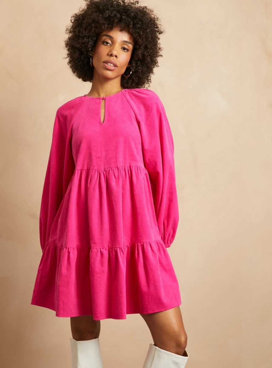 Everbelle Women's Pink Corduroy High Neck Tiered Mini Dress - Vintage Style Short Dress Size 8