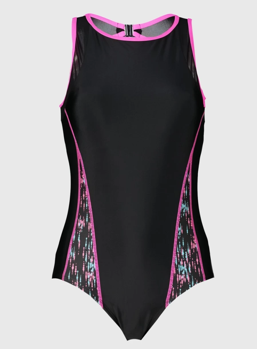 "Tu Women's Black & Pink Tummy Control Sporty Swimsuit - Size 6 | High-Waisted Athletic Swimwear"