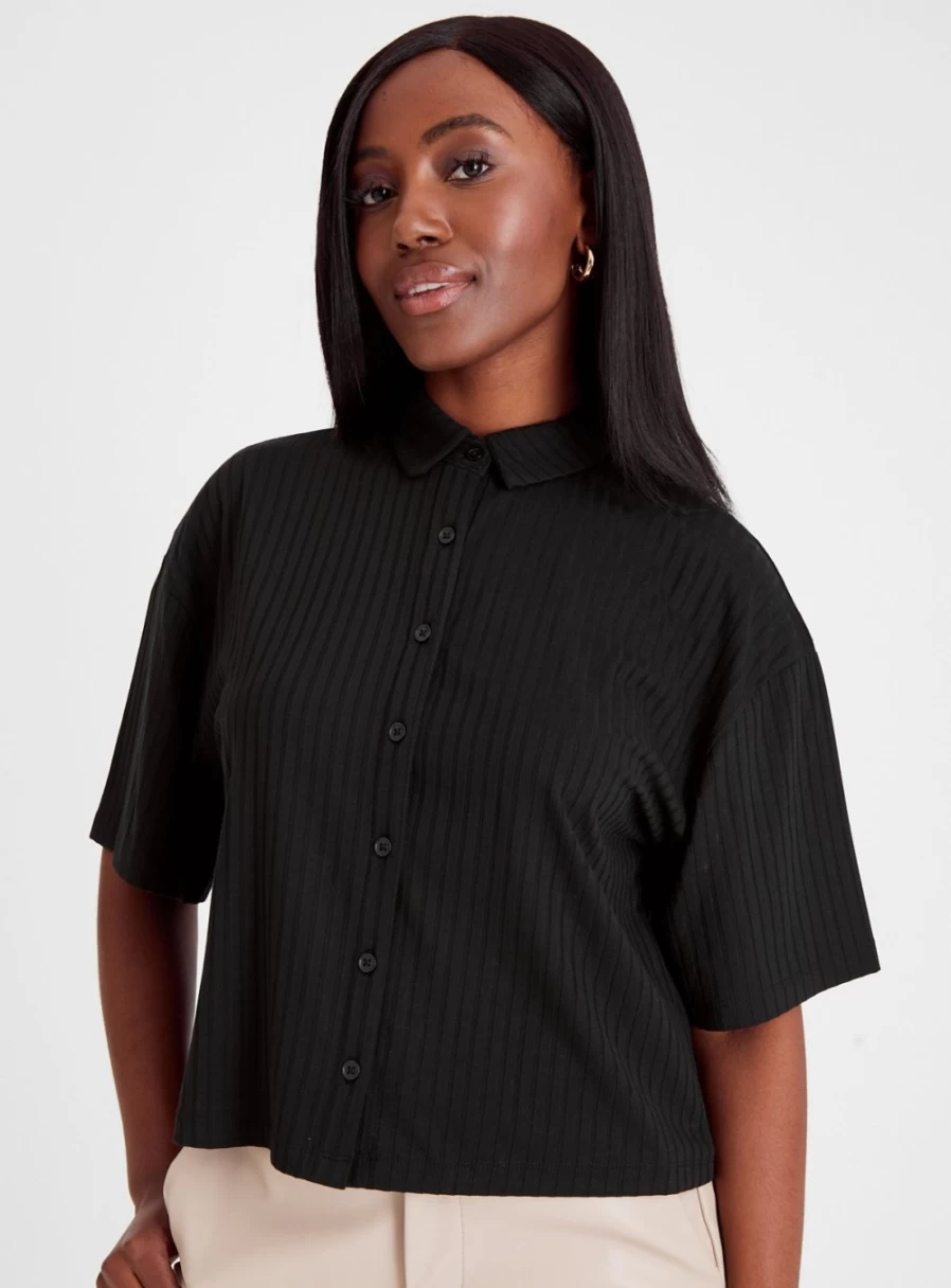 Tu Women's Black Wide Ribbed Boxy Shirt - Oversized Casual Top with Ribbed Texture