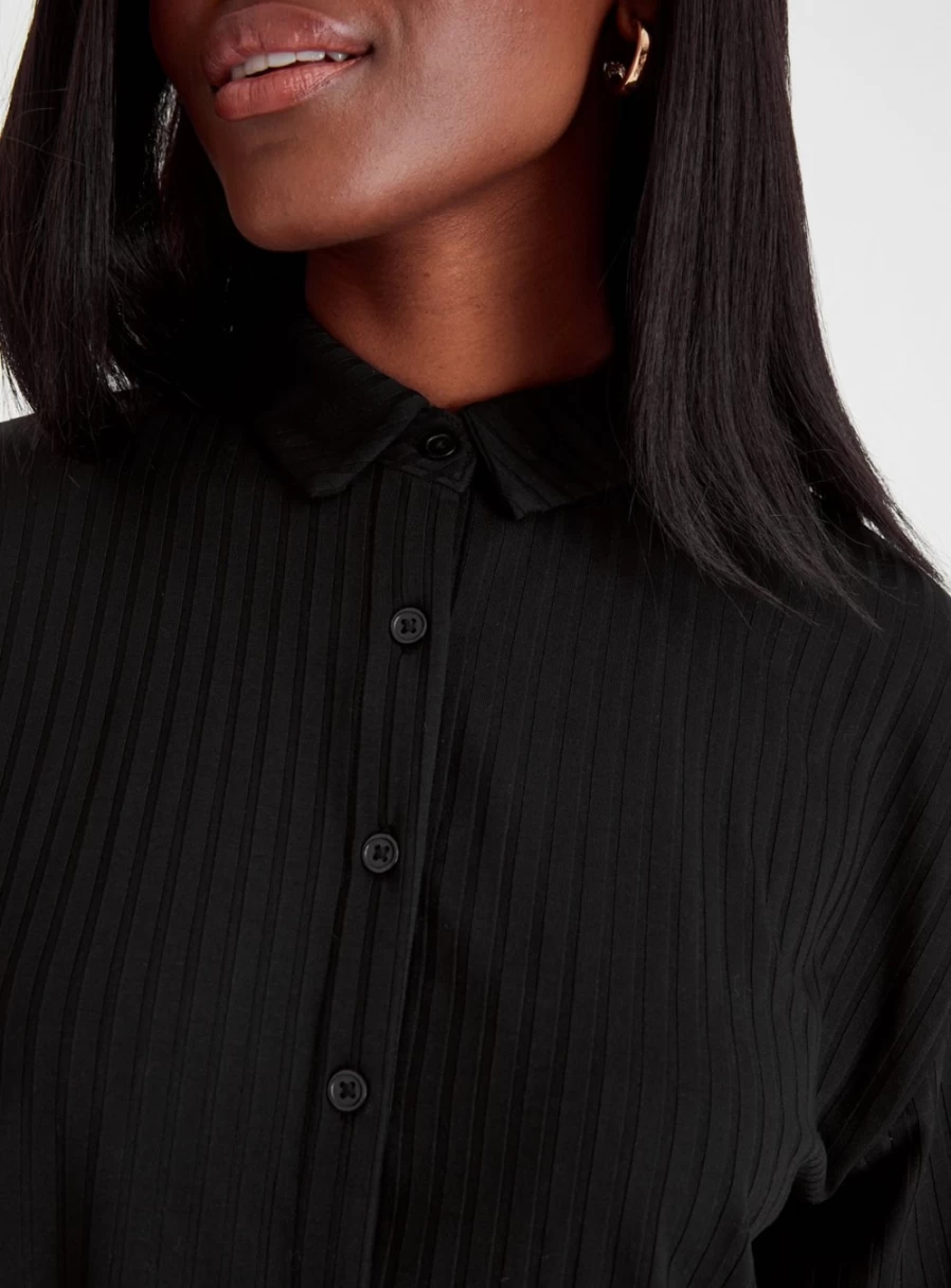 Tu Women's Black Wide Ribbed Boxy Shirt - Oversized Casual Top with Ribbed Texture