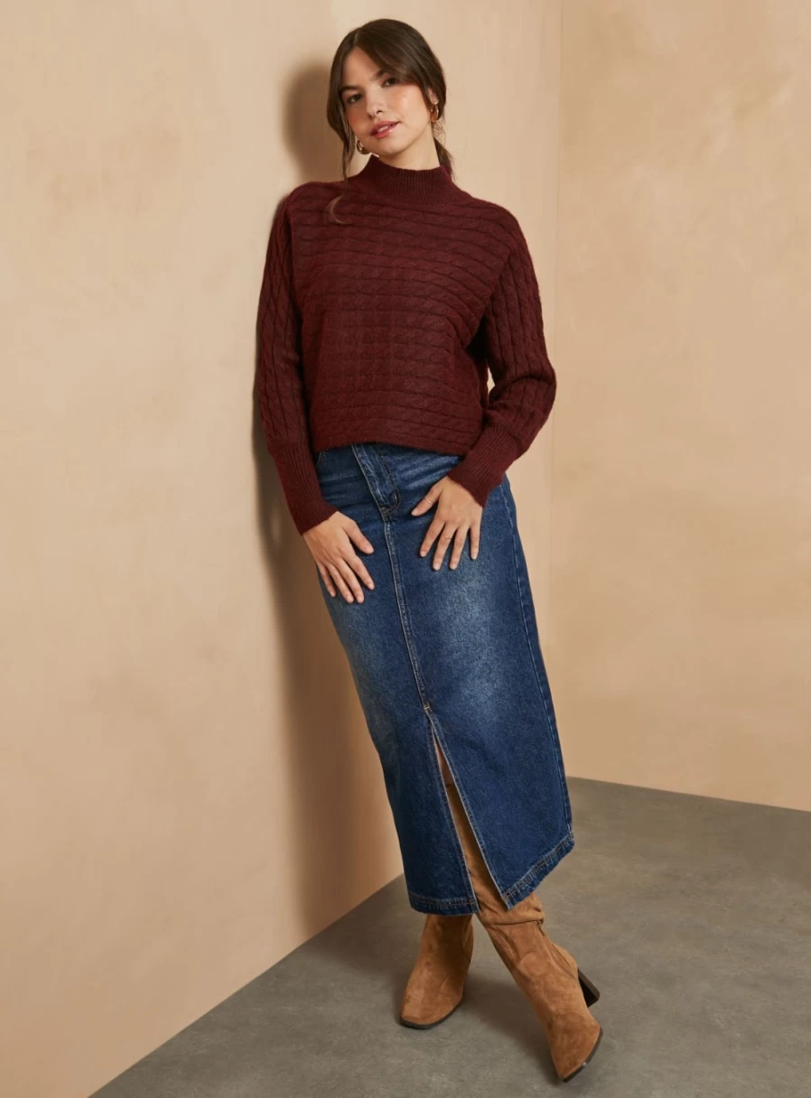 Everbelle Women's Burgundy Cable Knit Sweater M - Soft Winter Pullover Femme