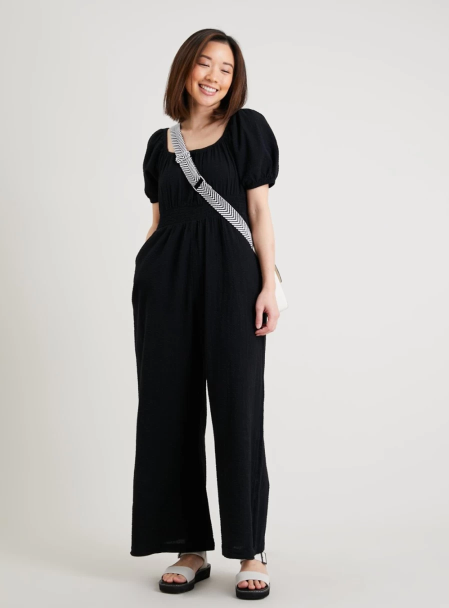 Tu Petite Women's Black Seersucker Jumpsuit - Petite Size 4, Slim Fit Summer Romper