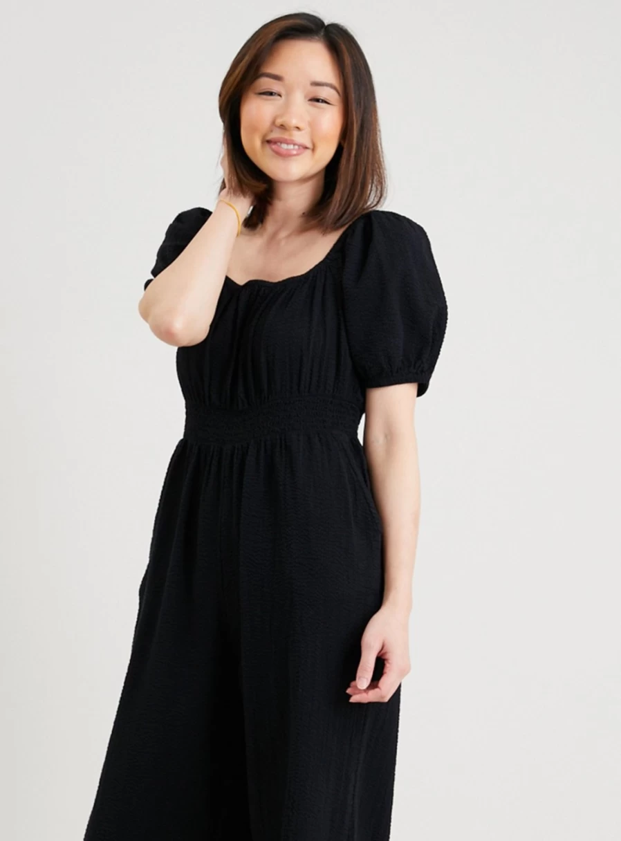 Tu Petite Women's Black Seersucker Jumpsuit - Petite Size 4, Slim Fit Summer Romper