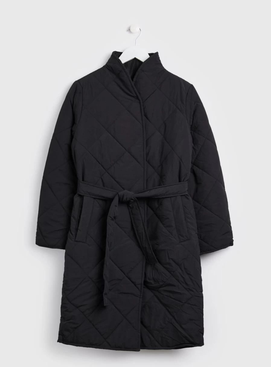 Tu Petite Women's Black Diamond Quilted Belted Coat - Size 12 Petite Outerwear