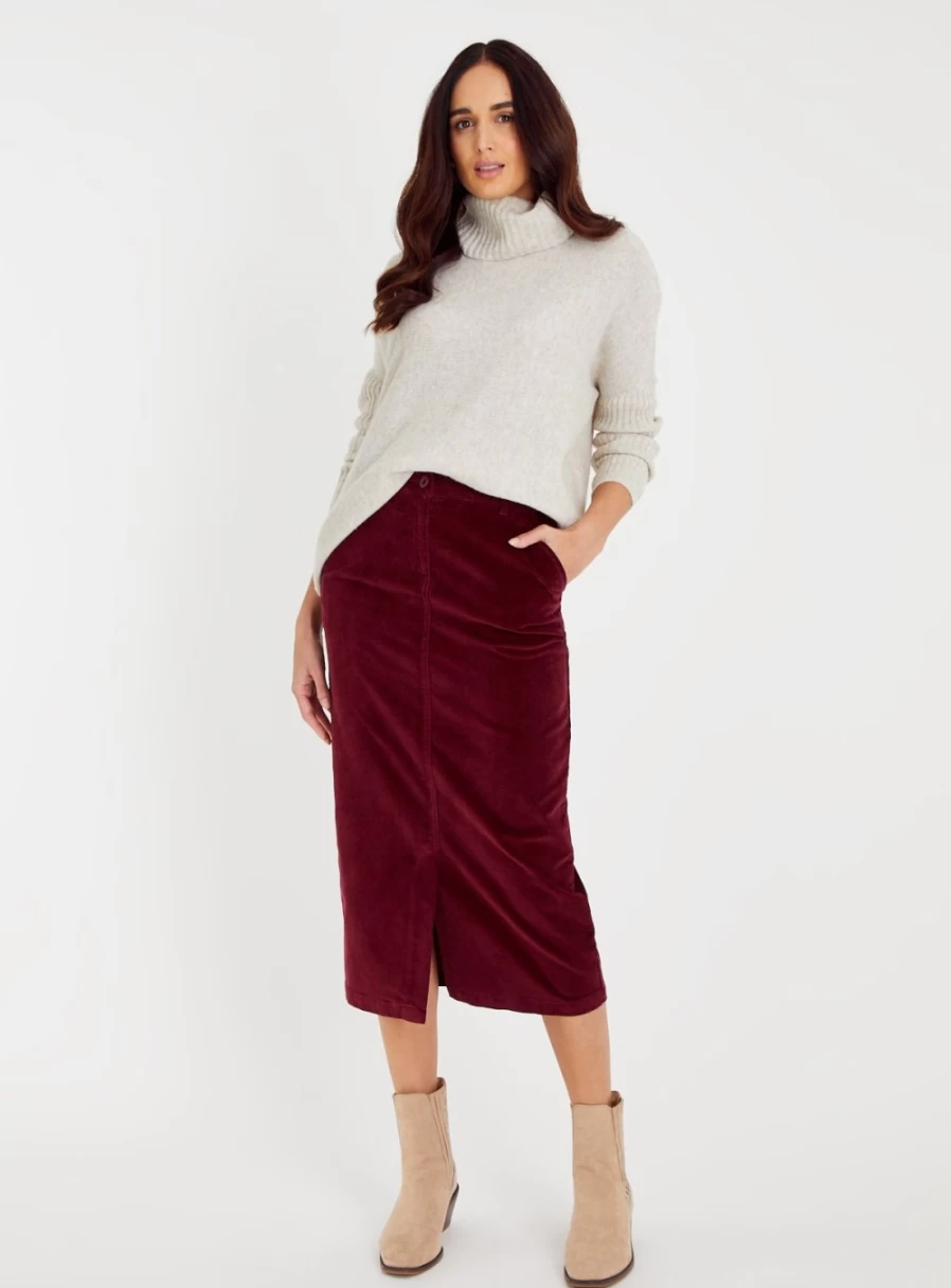 Tu Women's Berry Cord Midi Skirt - Stylish 10-Inch Corduroy A-Line Skirt