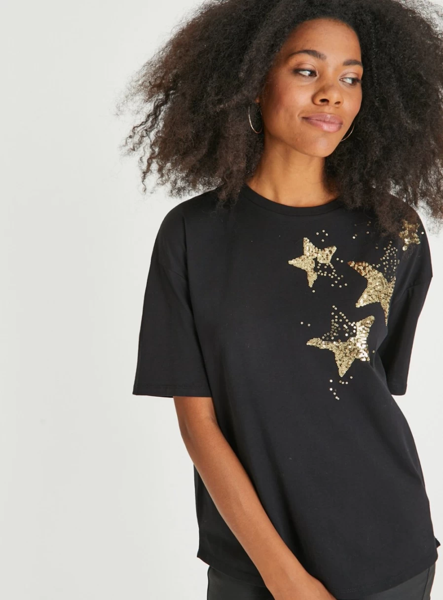 Tu Women's Black Sequin Star Embellished T-Shirt - Glamorous Party Top