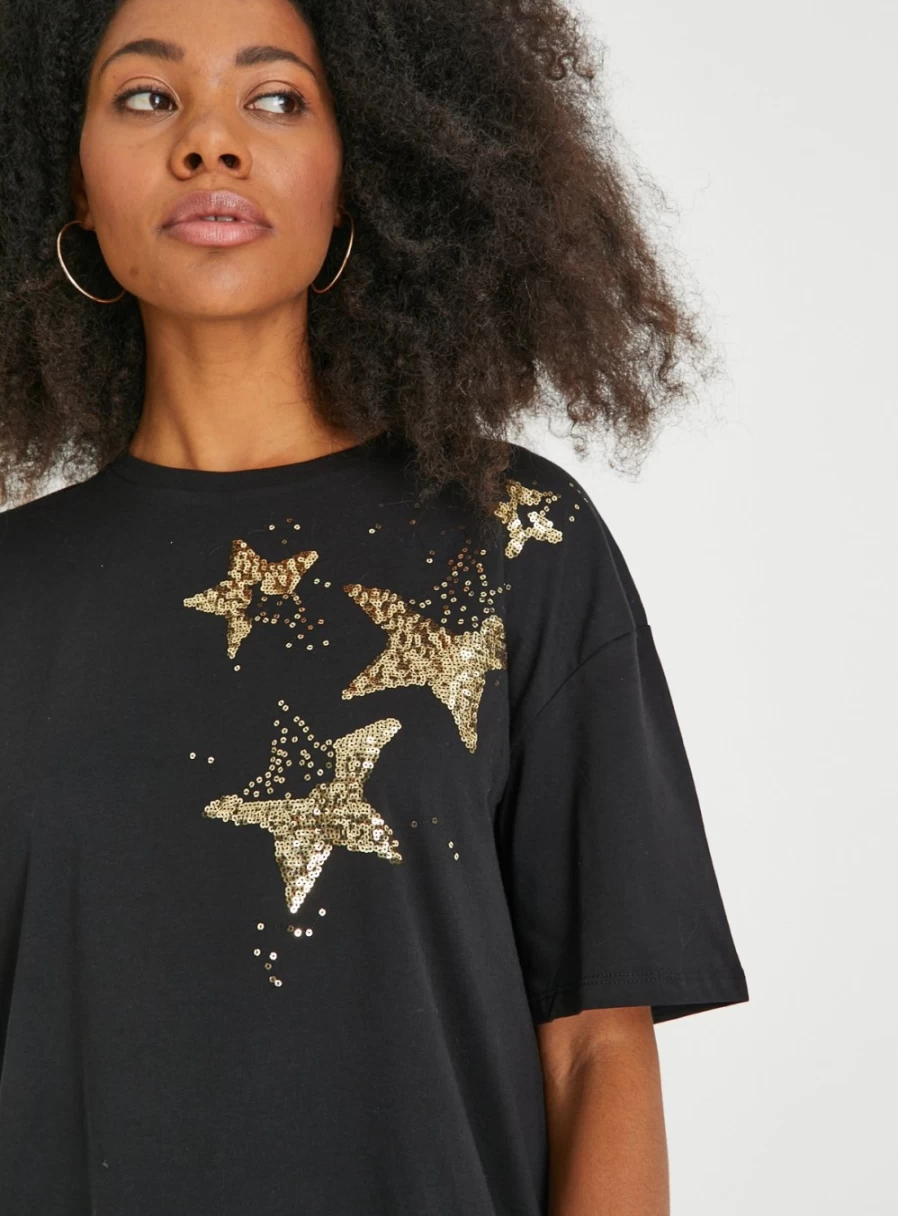 Tu Women's Black Sequin Star Embellished T-Shirt - Glamorous Party Top