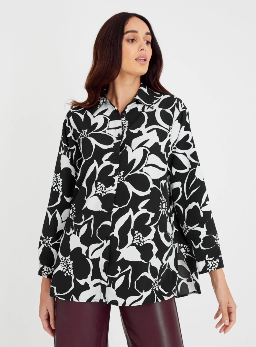 "TU Women's Mono Abstract Floral Print Oversized Shirt - Stylish Boho Blouse"