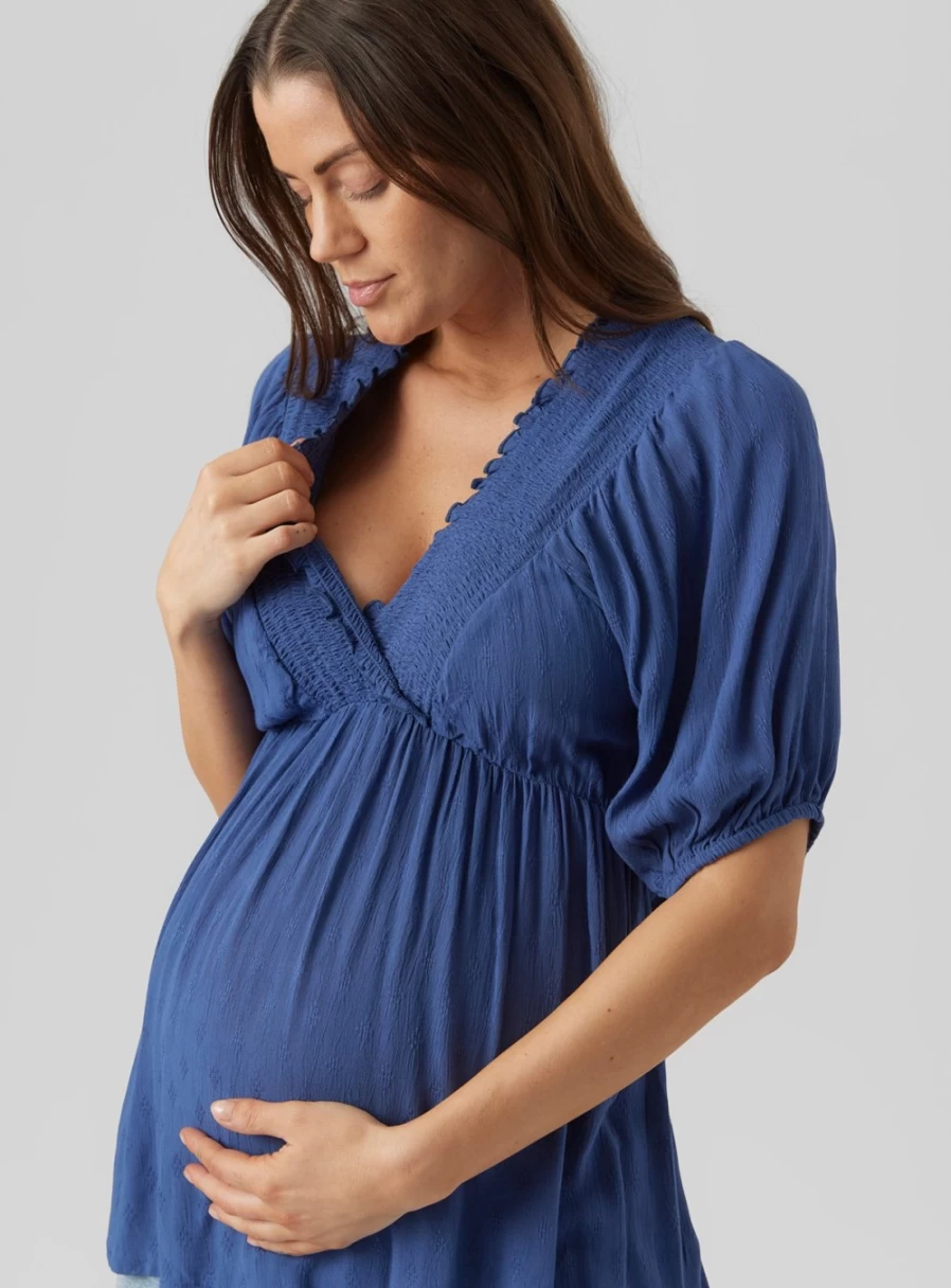 MAMALICIOUS Women's Navy Maternity Nursing Top - Smocked Design for Pregnancy & Breastfeeding - Size L/UK12