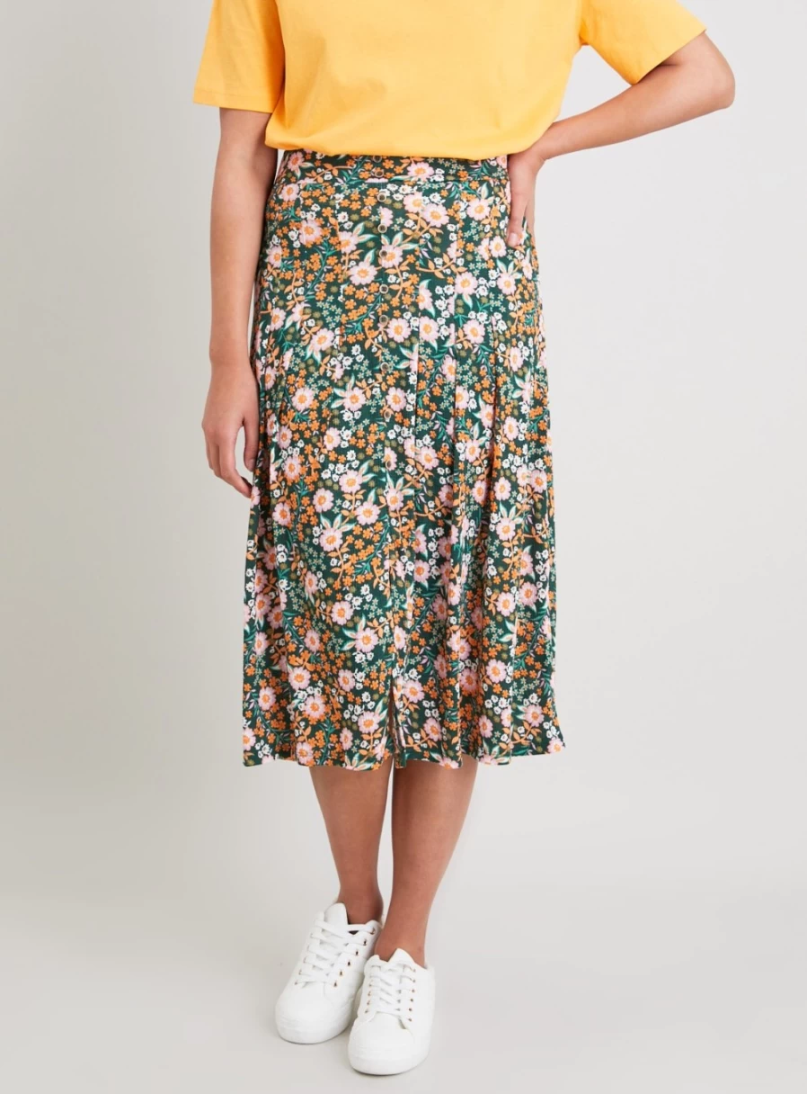 "Tu Women's Green Floral Print Midi Skirt - Size 8"