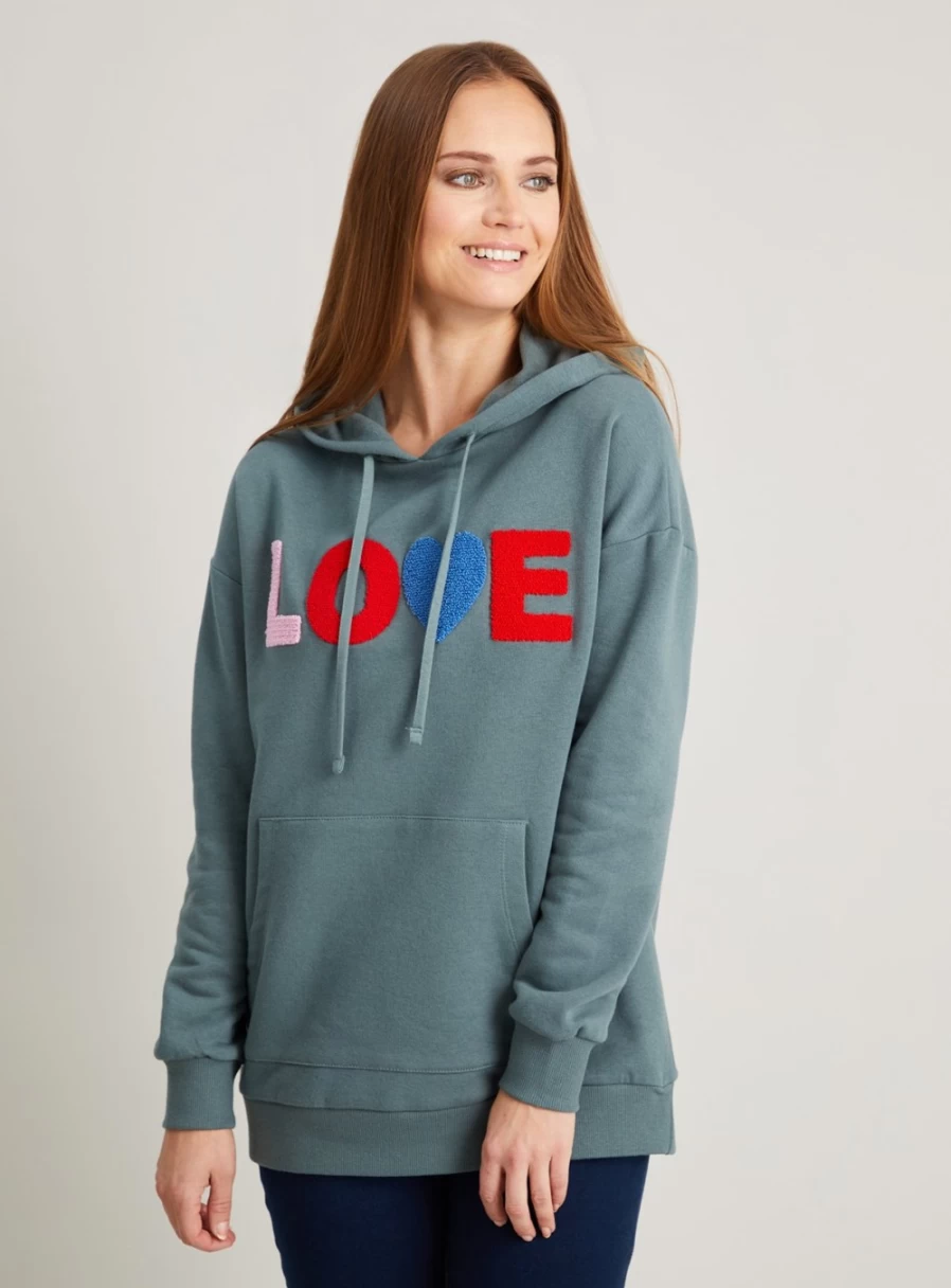 Tu Women's Green Love Boucle Slogan Hoodie - Cozy Casual Pullover Sweatshirt