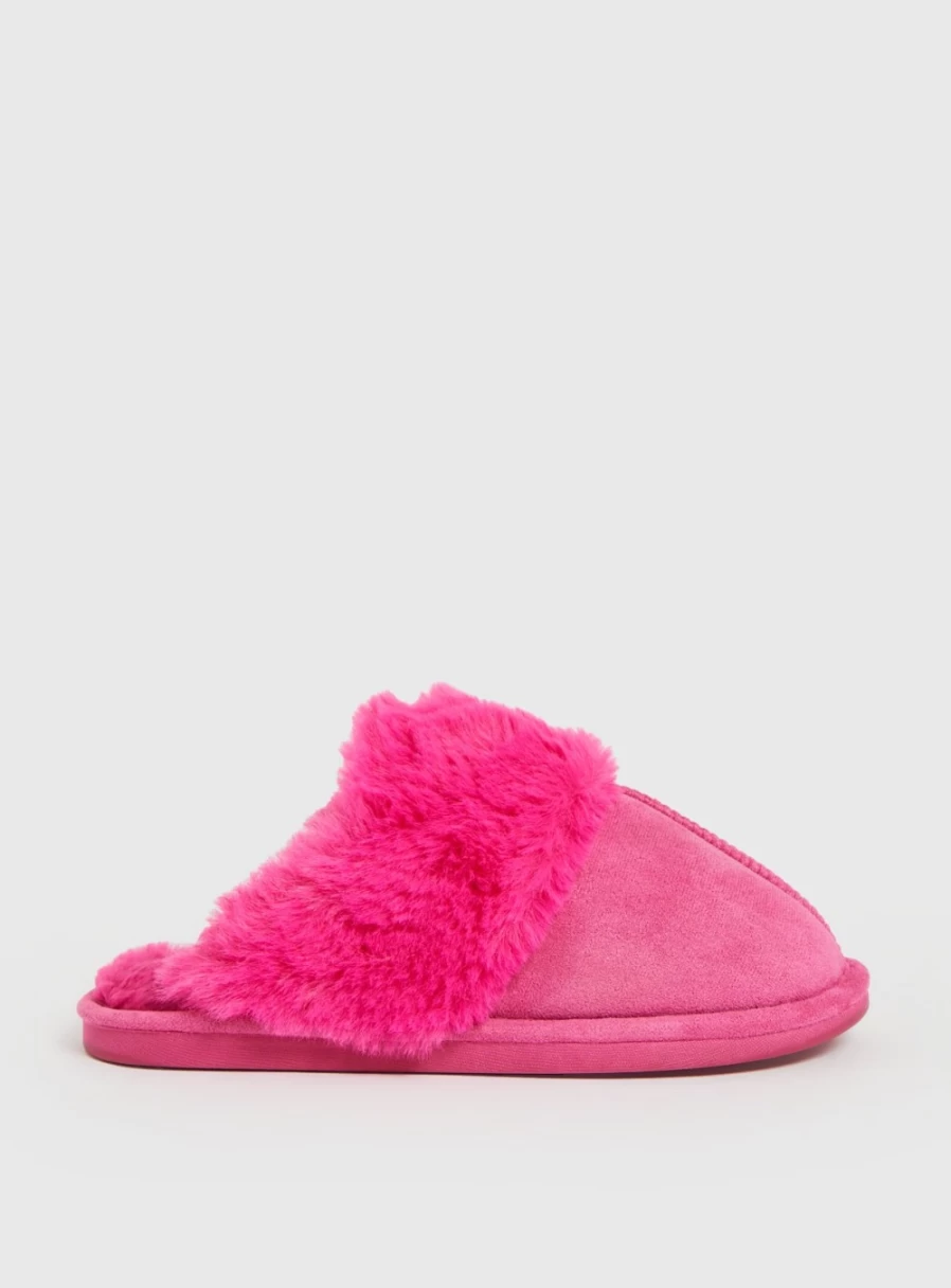 Tu Women's Bright Pink Faux Fur Trim Mule Slippers - Cozy Indoor Slide House Shoes
