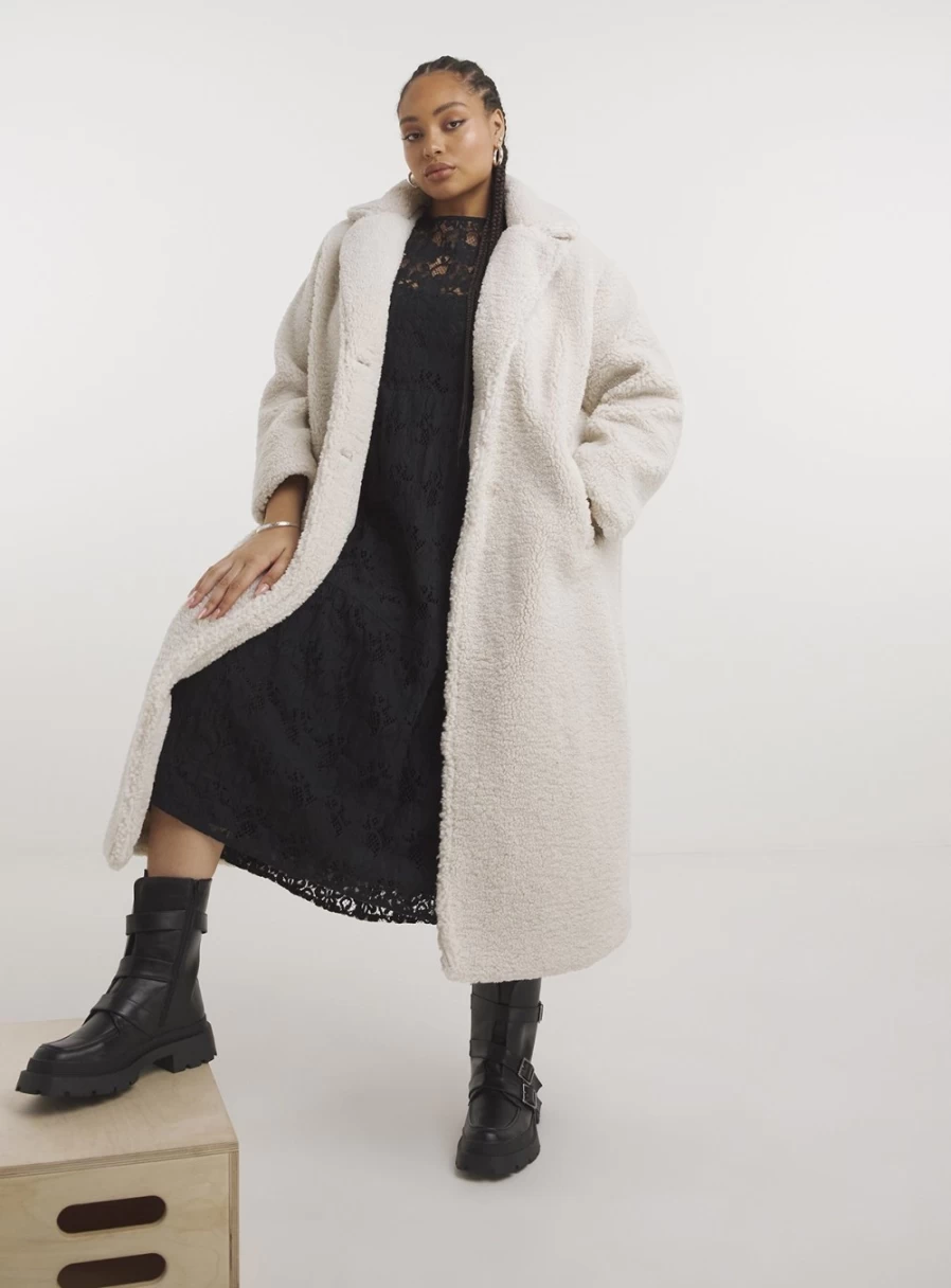 Simply Be Women's Teddy Cream Maxi Coat - Long Plush Winter Coat, Size 22