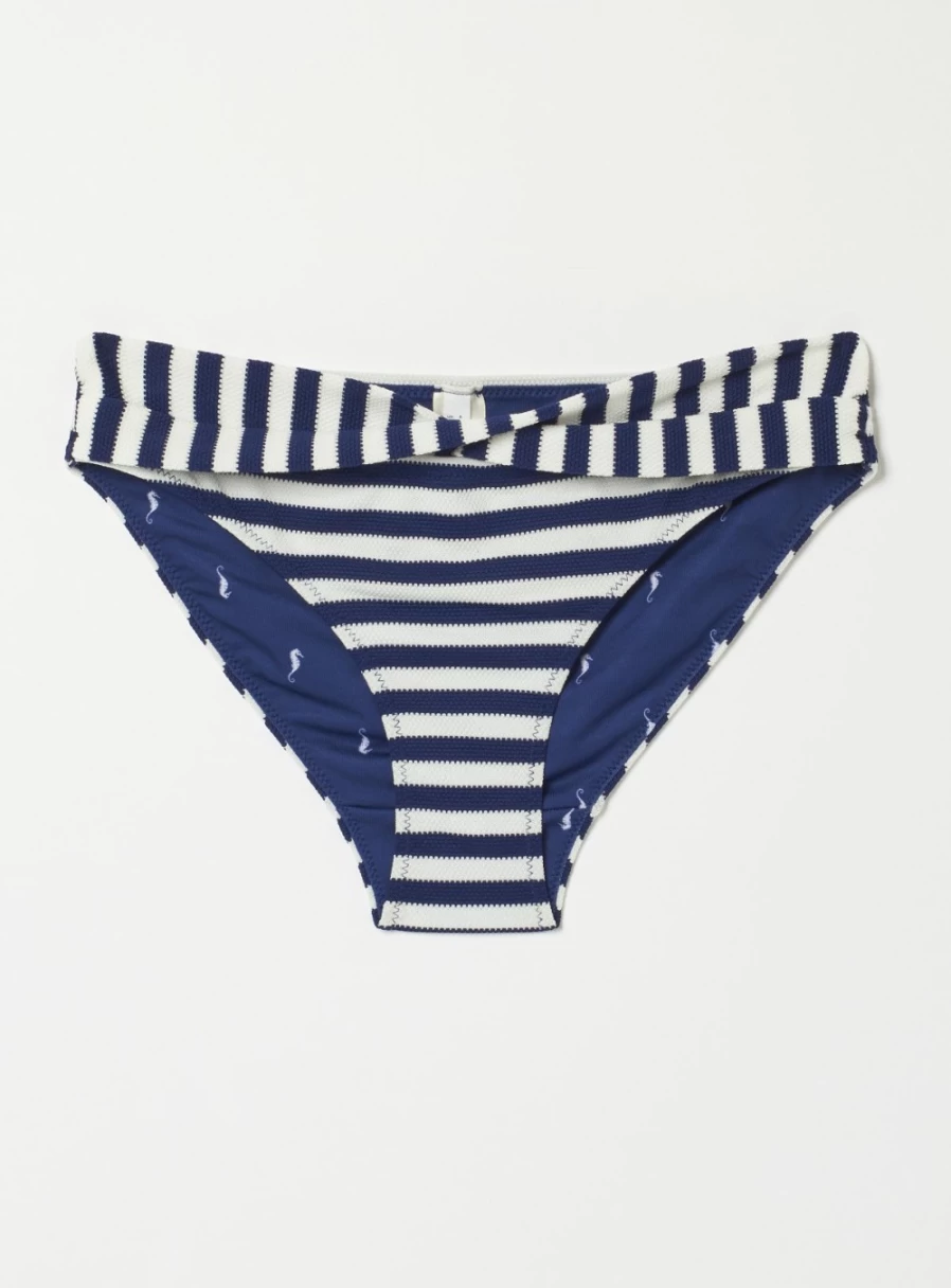FatFace Women's Navy Breton Twist Bikini Bottoms - Size 6, High Waisted Swimwear, Vintage Inspired Beach Bottom