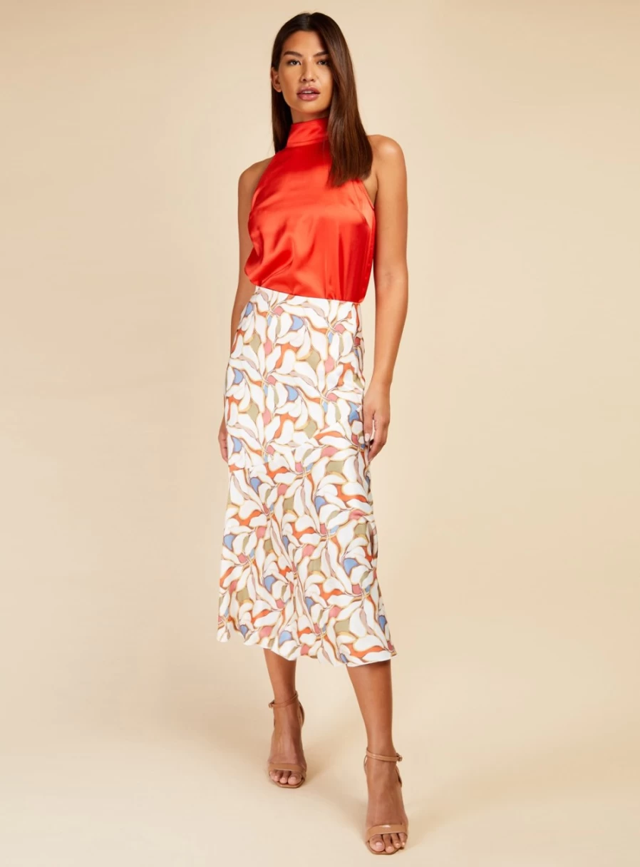 Little Mistress Women's Floral Print Satin Midi Skirt - Abstract Design, Size 10