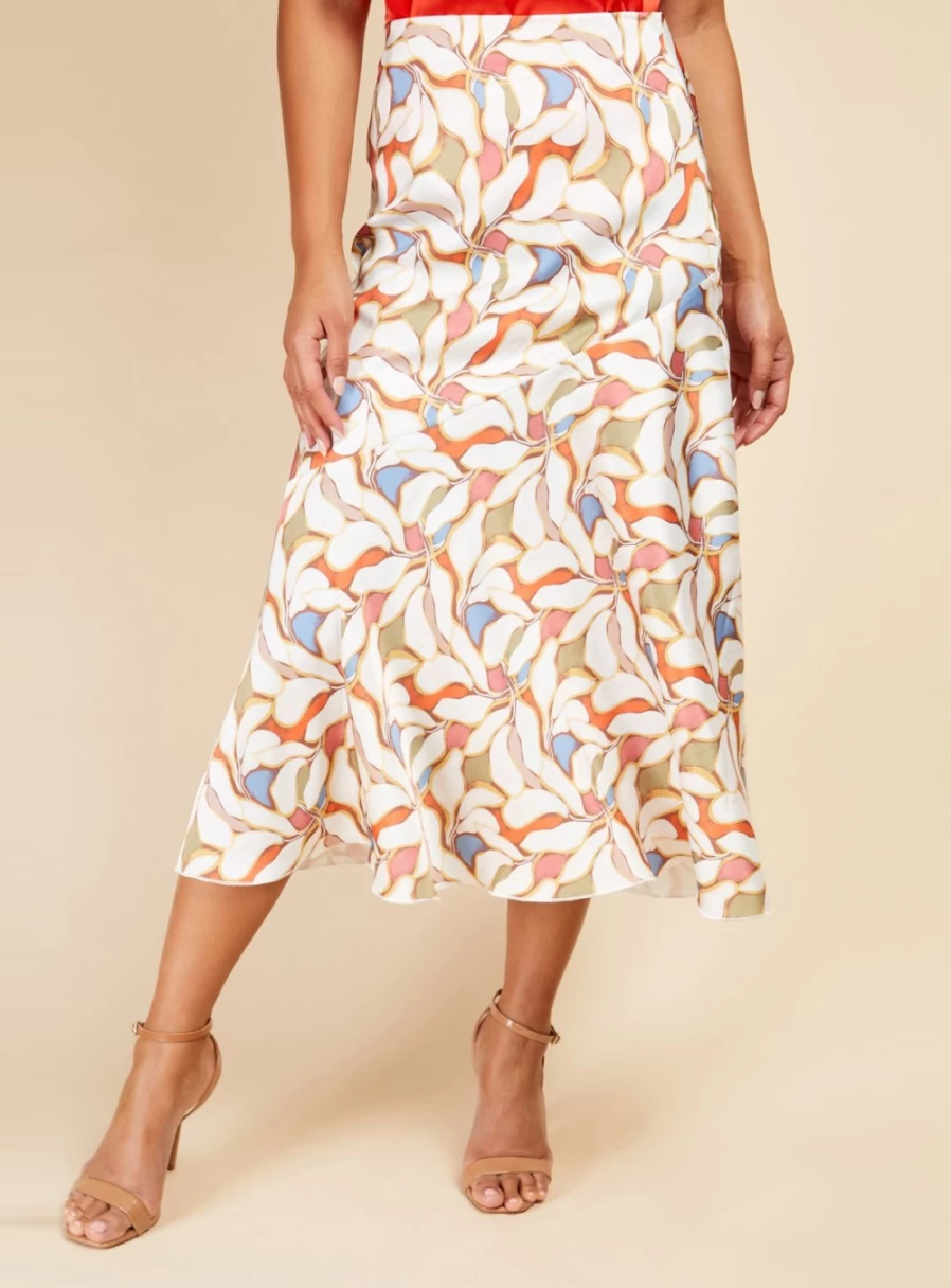 Little Mistress Women's Floral Print Satin Midi Skirt - Abstract Design, Size 10