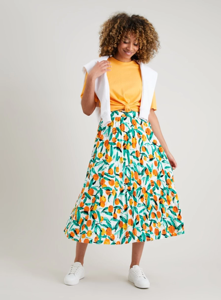Tu Women's Floral Embroidered Midi Skirt - Fruit Print Summer Skirt