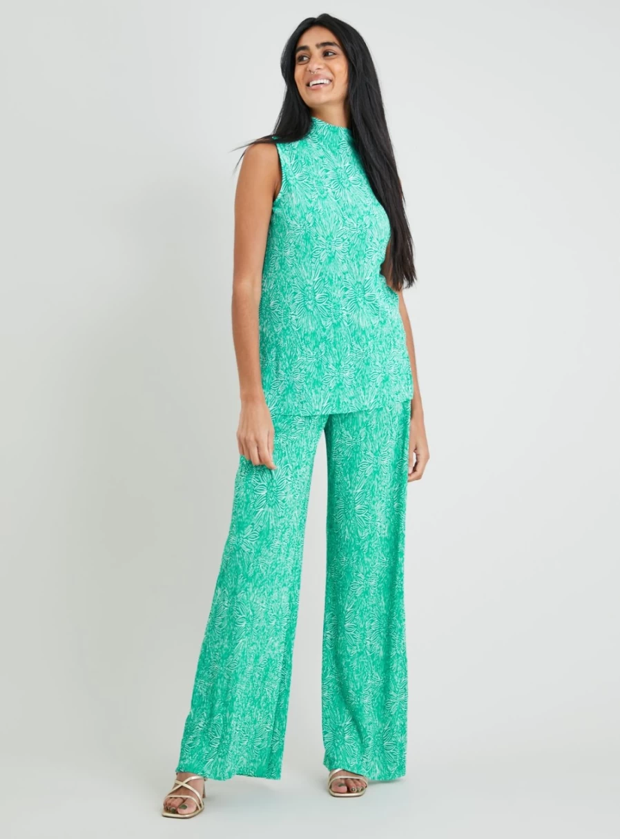 Tu Women's Green Floral Print Plisse Wide Leg Palazzo Trousers - 8L High Waist Comfort Fit