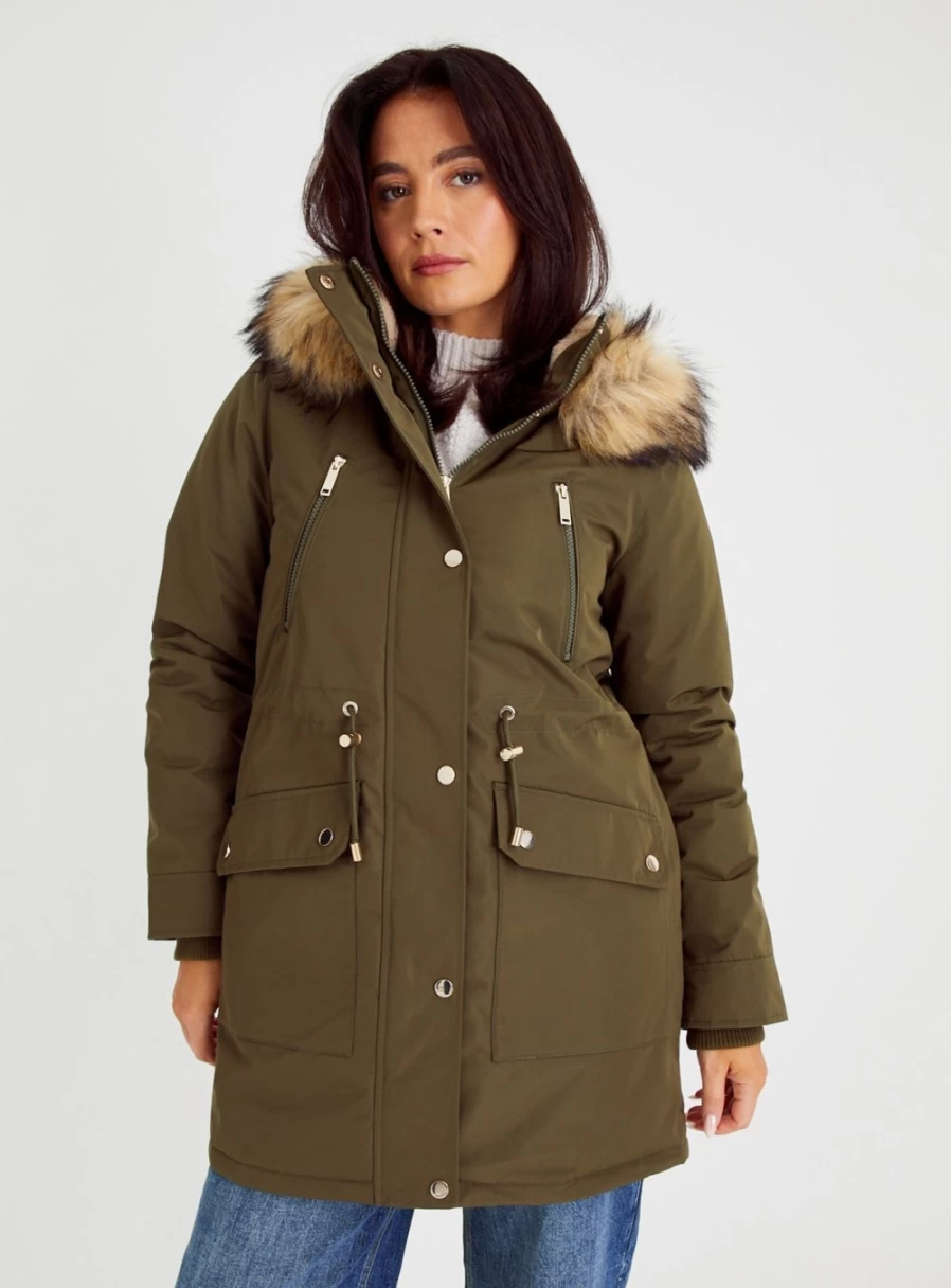 "Tu Women's Khaki Faux Fur Hooded Parka Coat - Size 16 Winter Jacket"