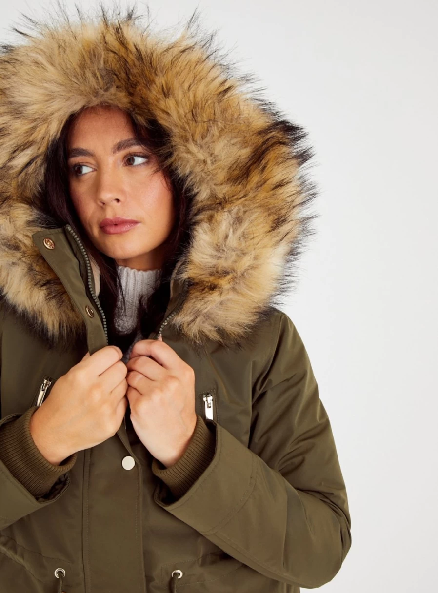 "Tu Women's Khaki Faux Fur Hooded Parka Coat - Size 16 Winter Jacket"