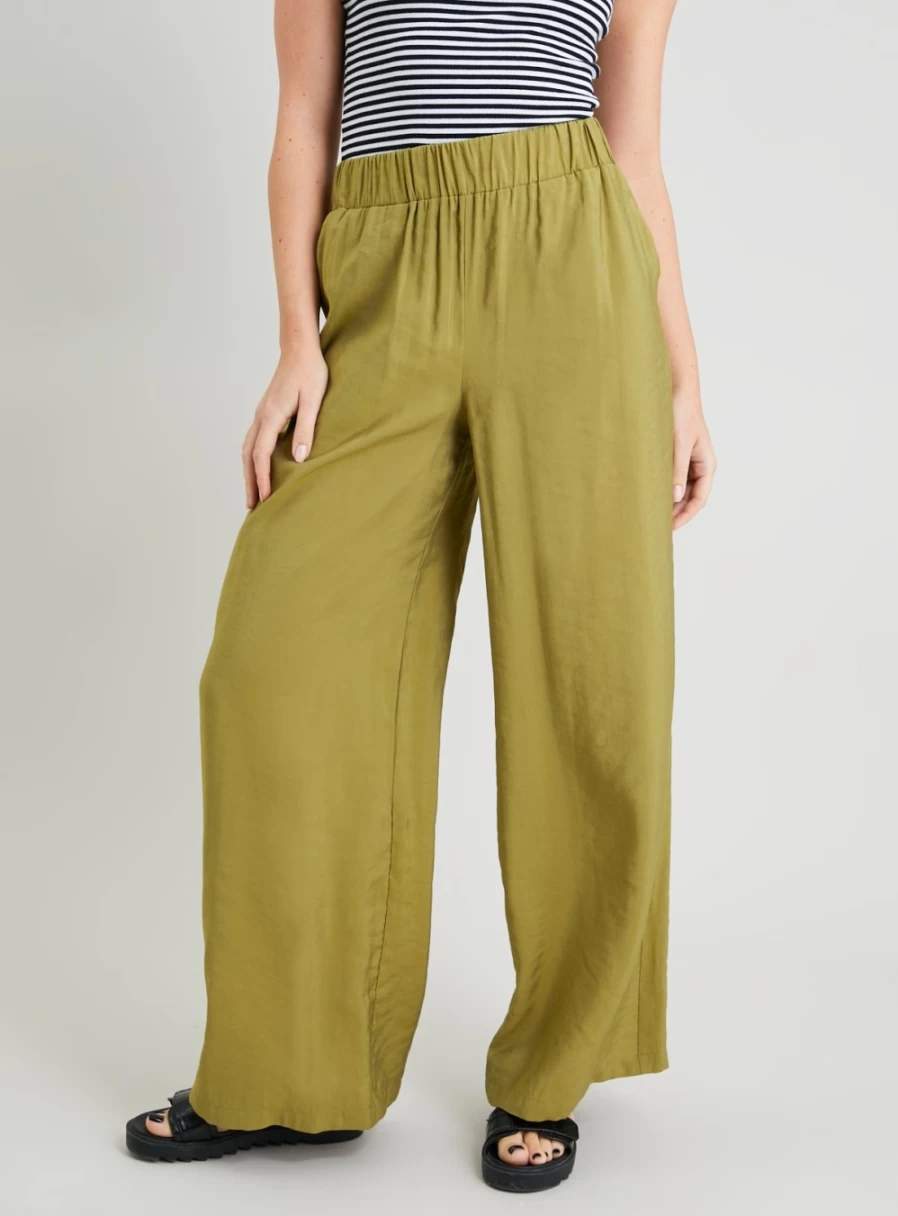Tu Women's Dark Lime Crinkled Wide Leg Trousers - Eco-Friendly Tencel Modal Stretch Comfort Fit High Waist Casual Pants